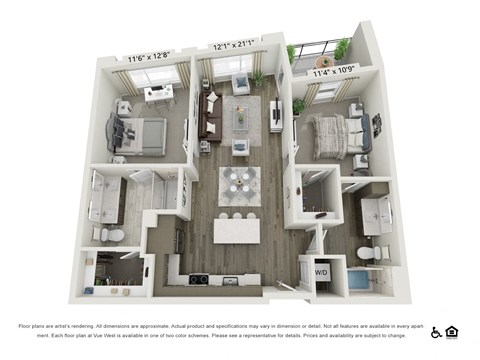 Floor plan for 2 beds, 2 baths, 1089 sqft